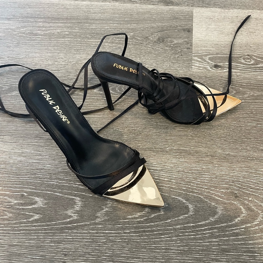 Public Desire Black and Gold Strappy Heels